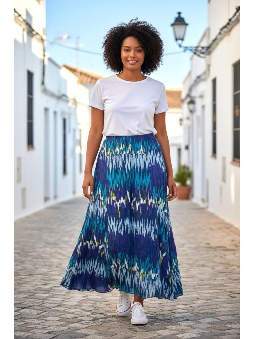 Ruby Rd. Ikat Maxi Skirt Multicolor Elastic Waist Lightweight Crinkle Fabric
